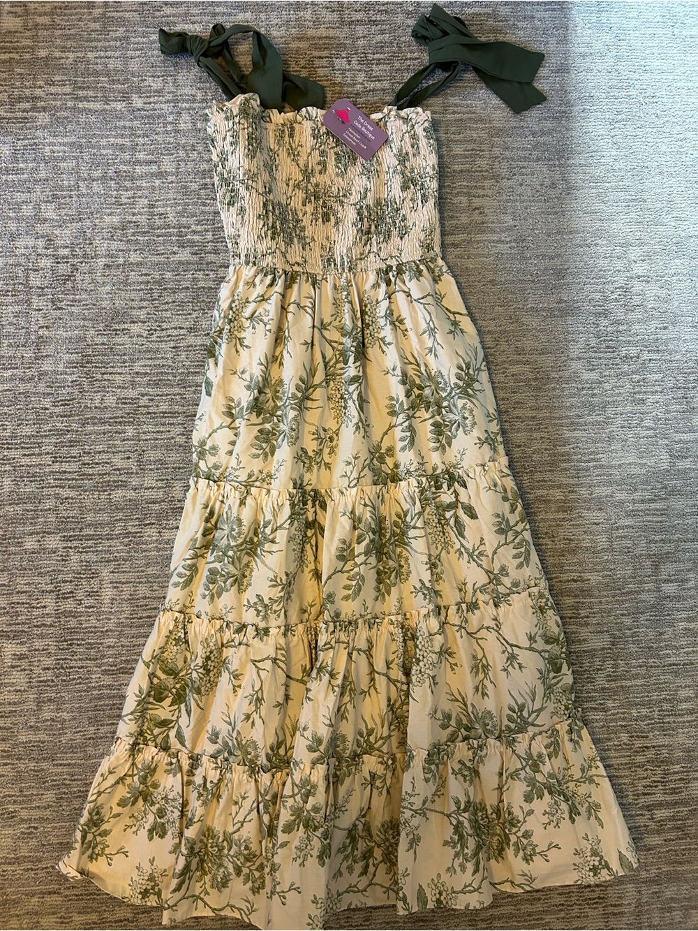 Storia Cream Floral Midi Dress with Olive Green Ties